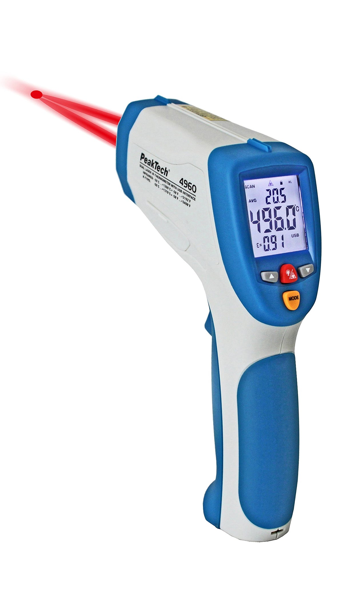 PeakTech, Termómetro IR profesional con registrador de datos para -50°C ... 1200 °C ; con USB y láser dual, alta precisión y función de medición continua y alimentación a través de USB