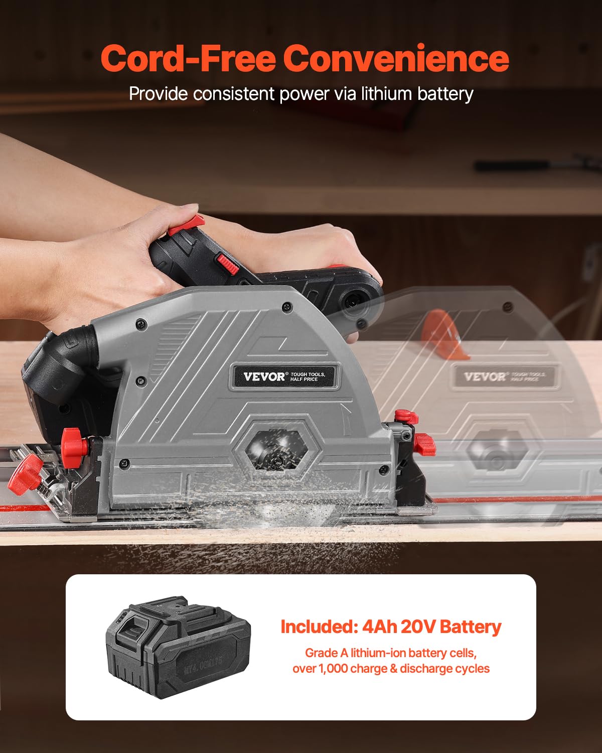 VEVOR Sierra Circular Inalámbrica, Hoja de 139,7 mm, Sierra Circular con Batería de 20 V y 4 Ah, Estuche Rígido, Profundidad de Corte de 52 mm para Madera, Plástico, Metal, Riel Guía no Incluido