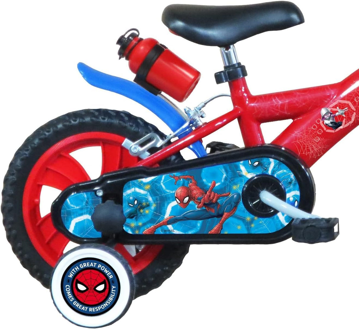 A.T.L.A.S. Bicicleta de 12 Pulgadas Equipada con 2 Frenos, Placa Frontal Decorativa, Guardabarros, cárter, estabilizadores y Casco Spiderman Incluido Delantera, Niños, Rojo idéntico a Las Fotos, 12''