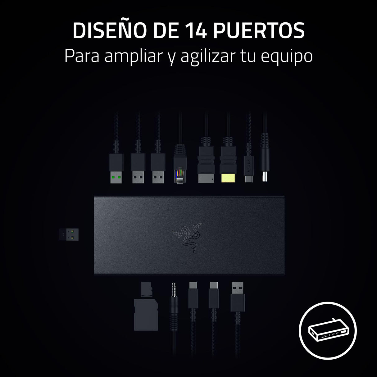 Razer USB 4 Dock - Base de Alta Velocidad para Juegos y productividad - Diseño de 14 Puertos - Soporte de Doble Pantalla, Carga de Dispositivos (3X USB-C, 5X USB-A, HDMI, Gigabit Ethernet) Negro