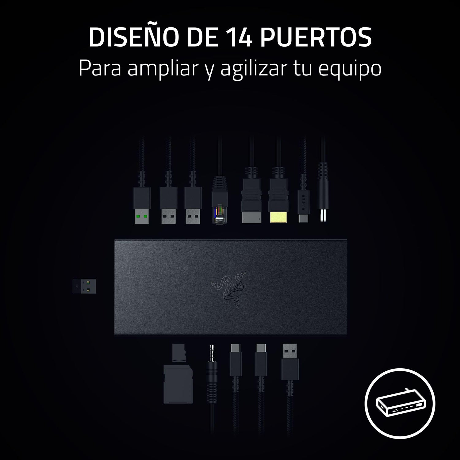 Razer USB 4 Dock - Base de Alta Velocidad para Juegos y productividad - Diseño de 14 Puertos - Soporte de Doble Pantalla, Carga de Dispositivos (3X USB-C, 5X USB-A, HDMI, Gigabit Ethernet) Negro