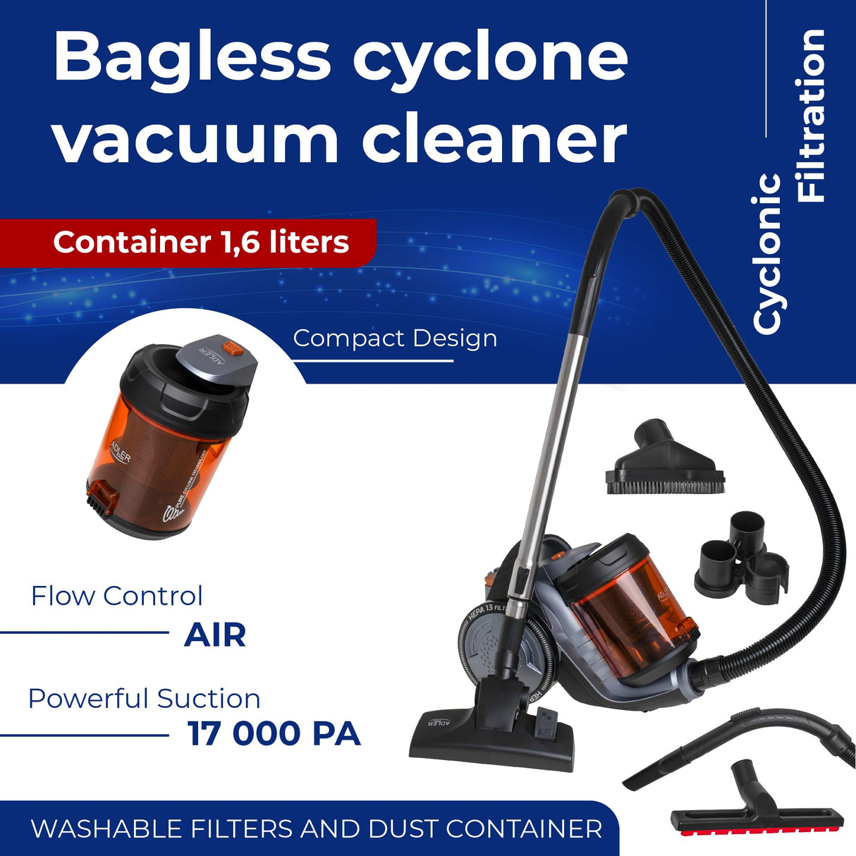 ADLER Aspiradora sin Bolsa Ciclónica AD7065, HEPA 13, Filtración ciclónica, Depósito 1,6L, Flujo de Aire máximo: 27 litros/Segundo, Gris y Naranja, con 5 Accesorios, Potencia Nominal: 700 W