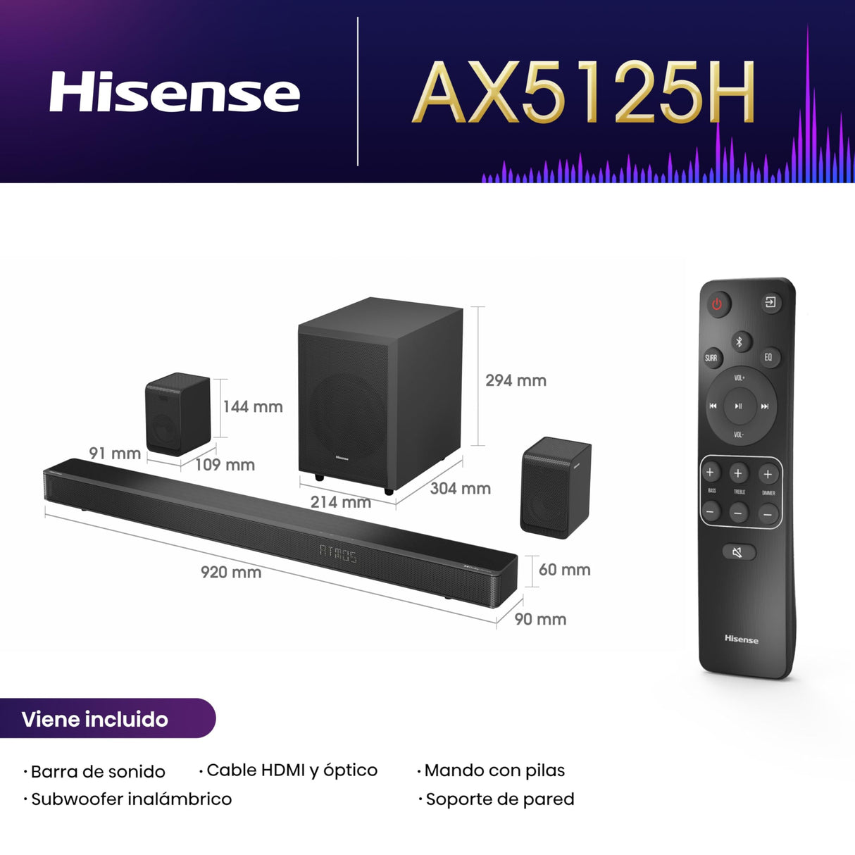 Hisense AX5125H - Barra de Sonido 5.1.2, 500W, Subwoofer y Altavoces Traseros inalámbricos, Altavoces Tiro Techo, Dolby Atmos, Hi Concerto, 7 Modos EQ, 4K Pass Through, Bluetooth 5.3