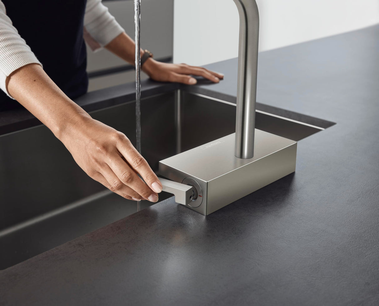 Hansgrohe Aquno Select M81 Grifo monomando de cocina 250, caño extraíble, 2 tipos de chorro sin sBox, acabado de acero inoxidable, 73836800