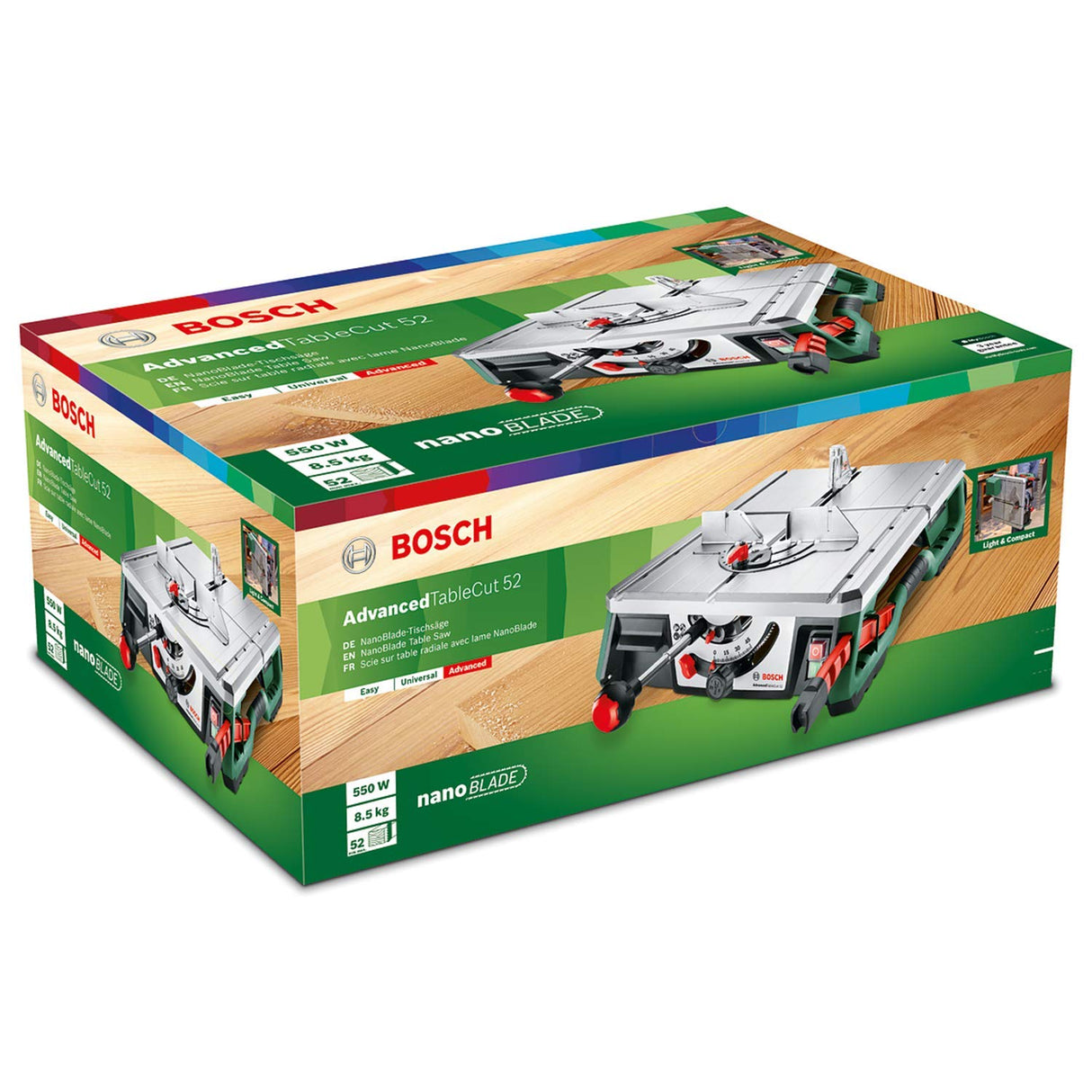 Bosch Home and Garden Sierra de mesa AdvancedTableCut 52 (550 W, tecnología NanoBlade, en caja), Forrest Green