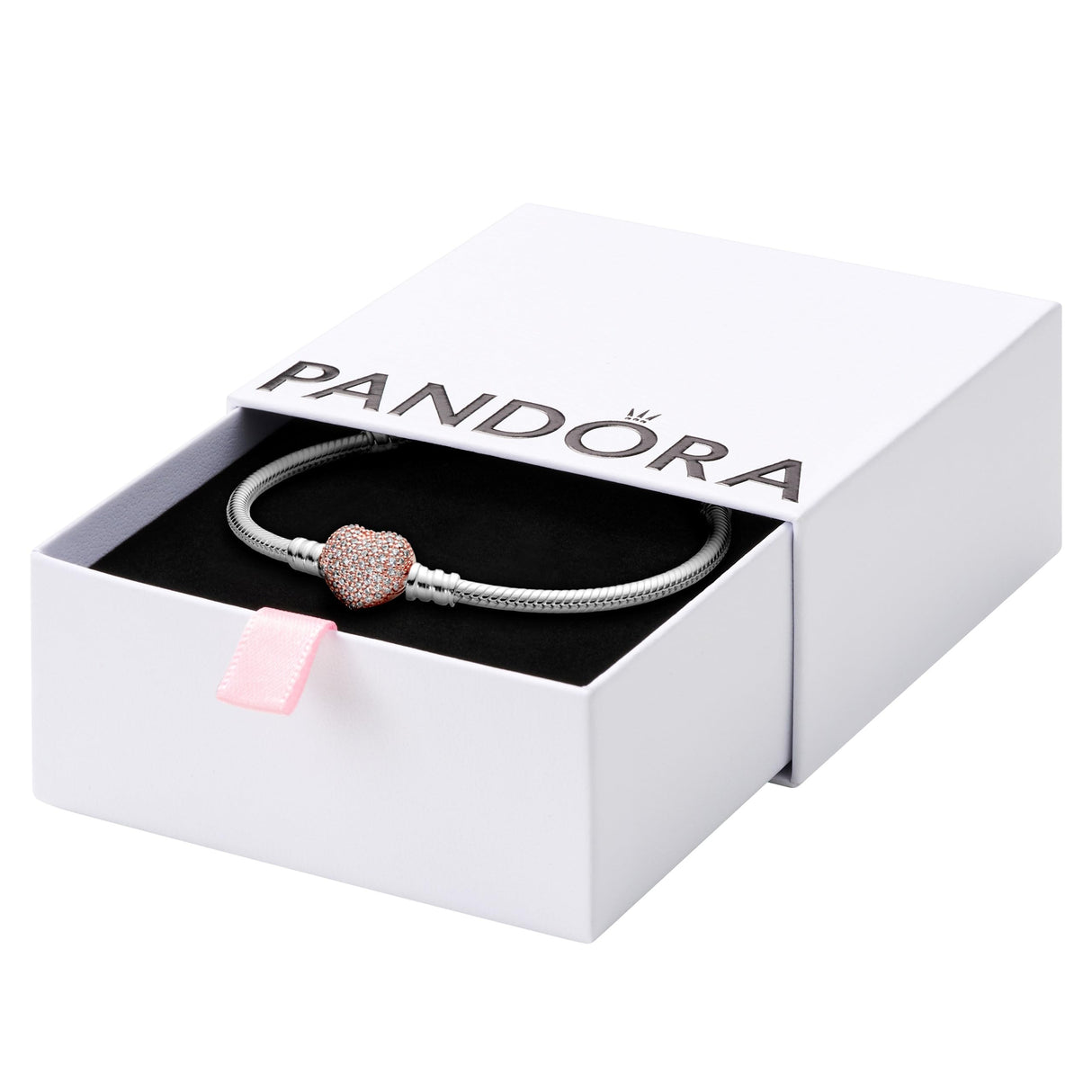 Pandora Icons Pulsera de plata con cadena de serpiente con cierre de corazón chapada en oro rosa de 14 quilates y circonitas cúbicas transparentes, 19