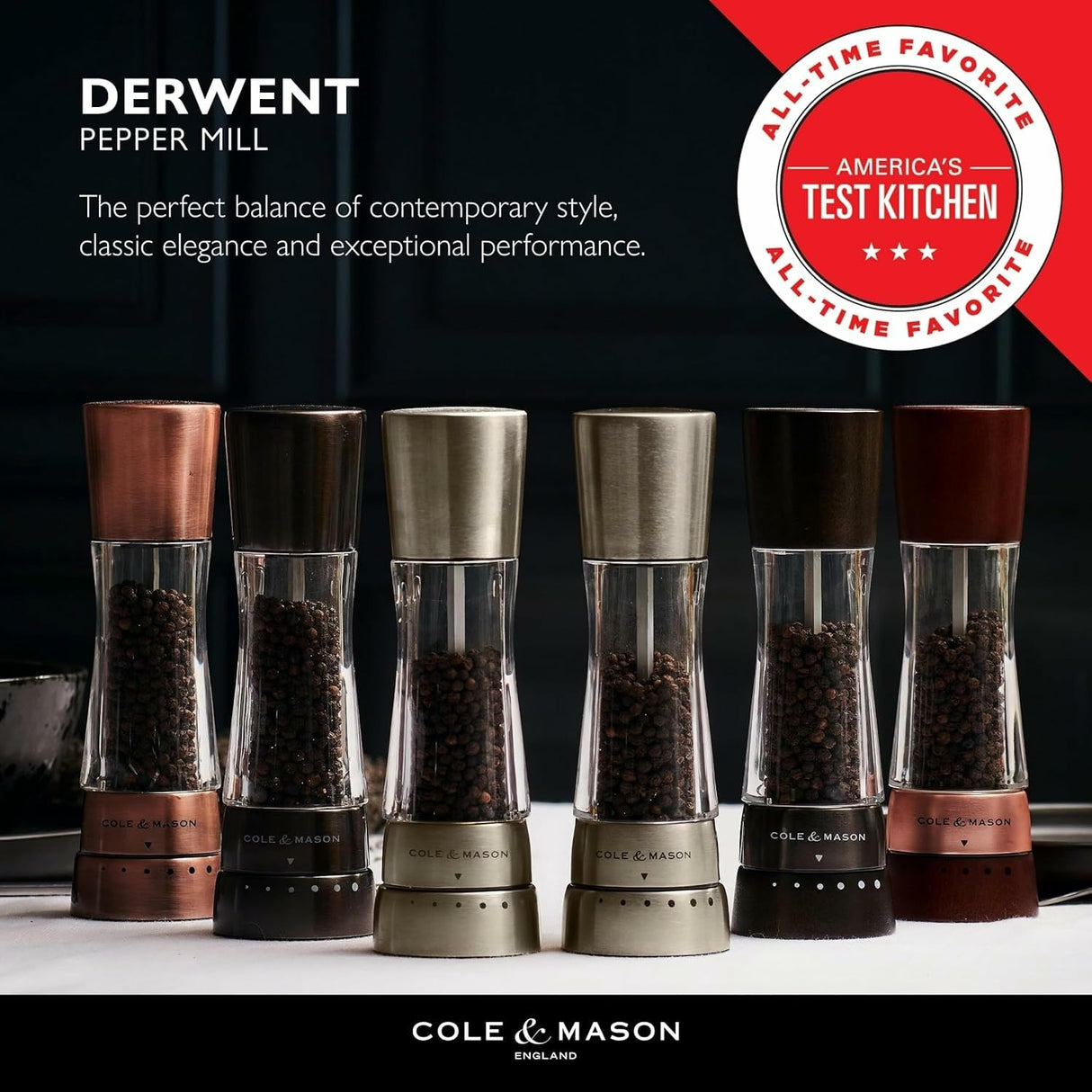 Cole & Mason Derwent Gunmetal Molinillos de Sal y Pimienta, Molinillo Especias, Juego de Molinillos con Grosor Ajustable, Acero Inoxidable/Acrílico, 190mm, H59428G