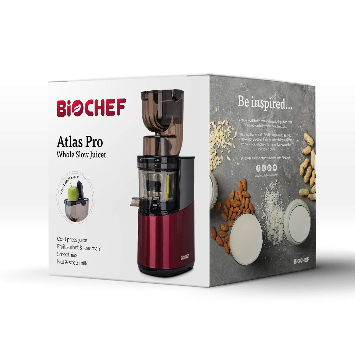 Bio Chef Atlas Whole Slow Juicer Pro – Extractor de zumos, 350W, 40 RPM, Licuadora Prensado en Frío. Garantía de por Vida en el Motor. (Plata)