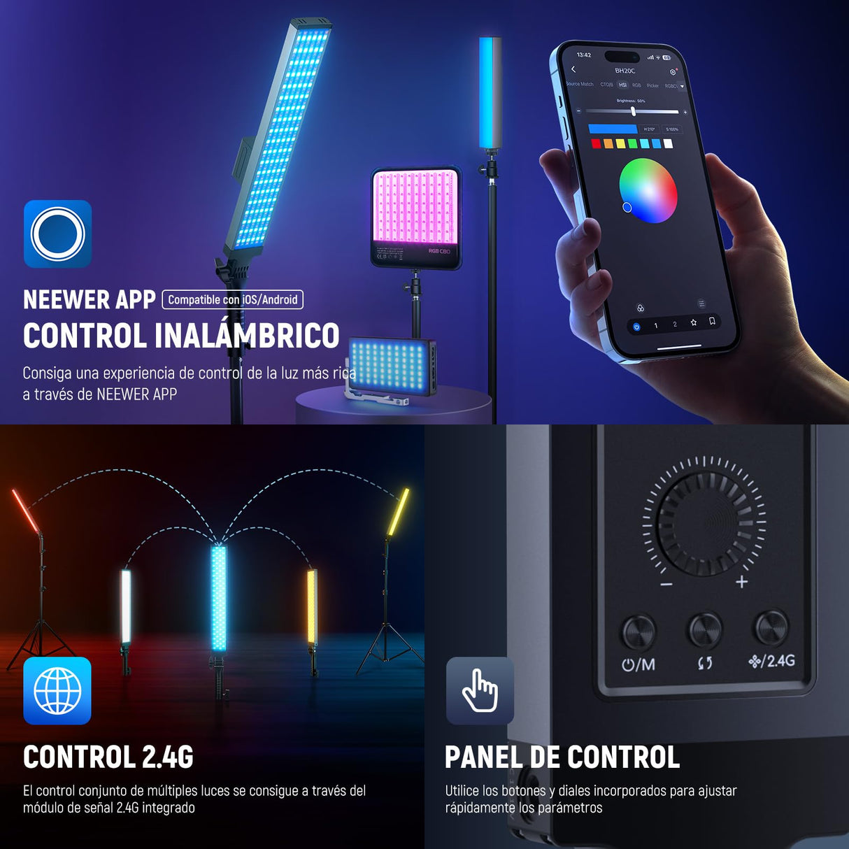 NEEWER Fotografía Barra Luz RGB Kit, Paquete de 2 Luz Tubo Video LED con Soporte, Difusor, Varita Luz Regulable 3250Lux 2500-10000K CRI95+/TLCI97+ App/2,4G/Control Panel para Live/Videos/Vlog, BH20C