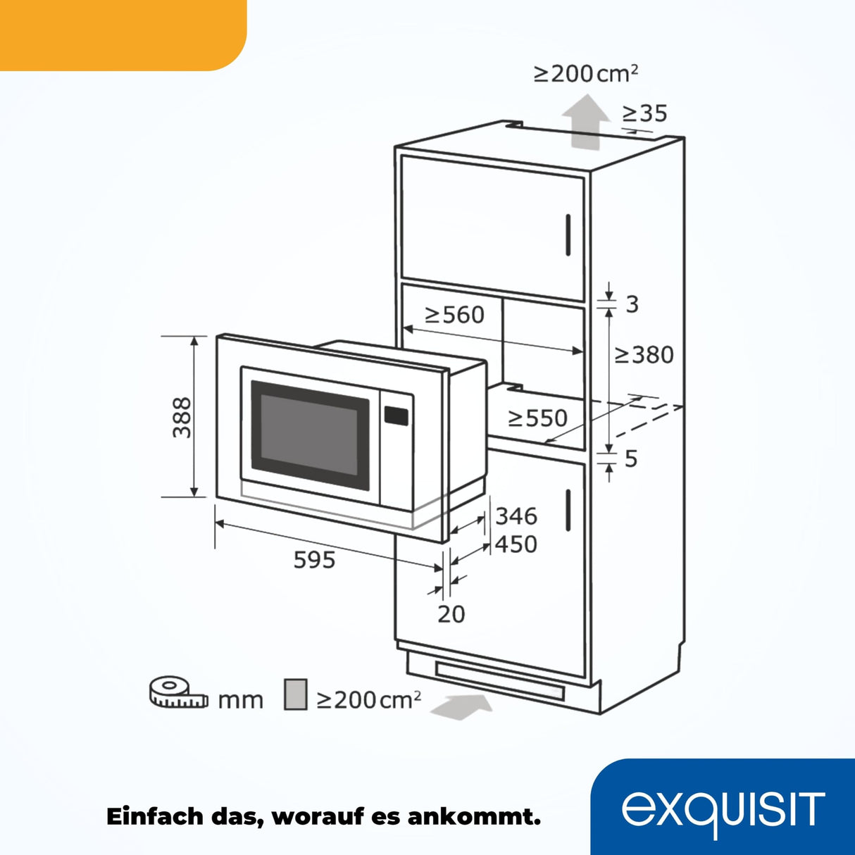 Exquisit® Microondas Combi de Encastre con Marco, 25L, 900W, Grill 1100W, 10 Niveles de Potencia en Función Convección, Acabado Acero Inox, Display Digital, Plato 31,5Cm, Medidas 38,2x59,5x1,9 Cm.