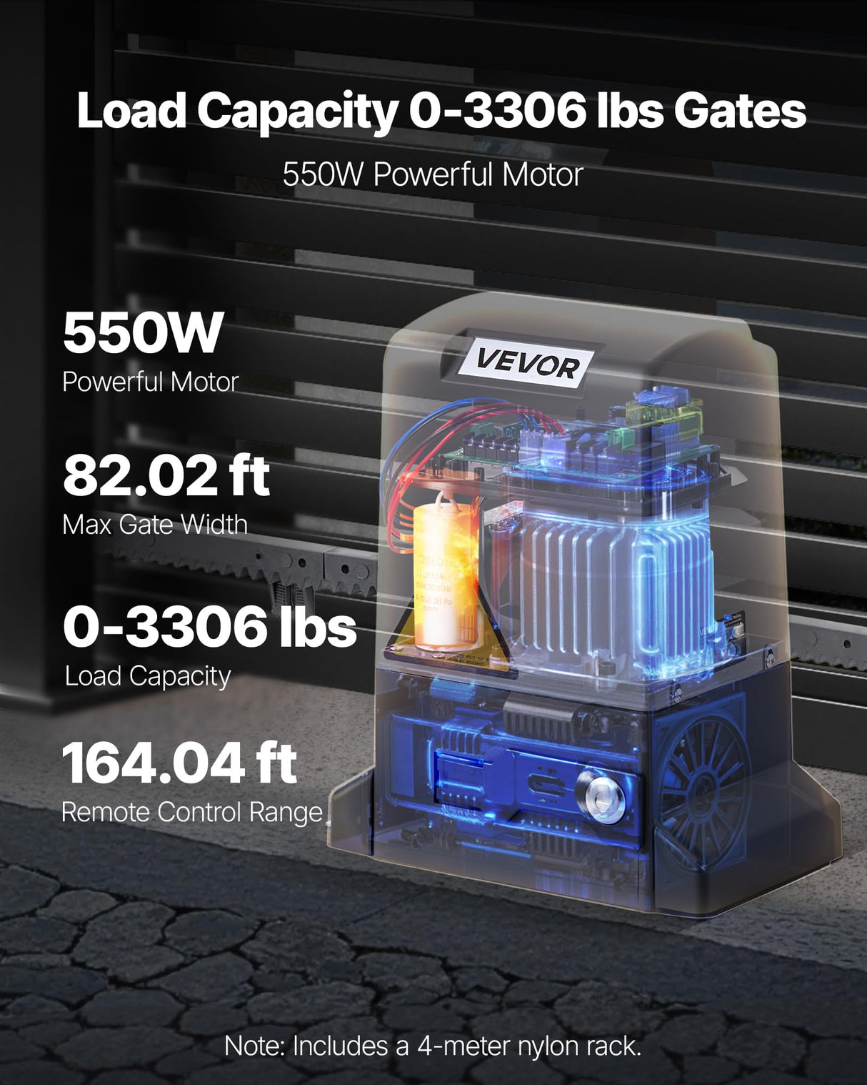 VEVOR Abridor de Puerta Corrediza Eléctrico 550 W para Puertas de hasta 25 m Carga de 1500 kg con Cremallera de Nailon, Sensor Infrarrojo, 2 Controles Remotos, Sistema de Apertura de Portones 10 m/min