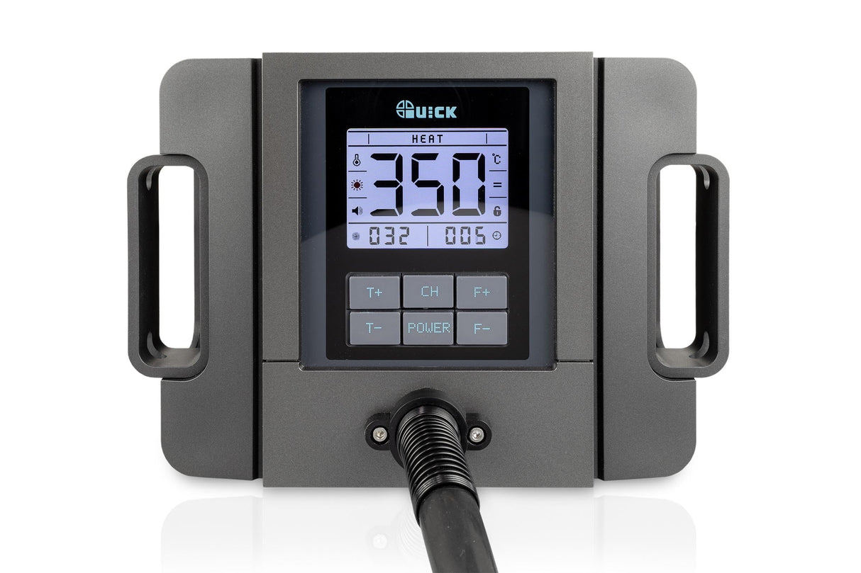 QUICK TR1300A - Estación de soldadura de aire caliente industrial (1300 W, rango de temperatura de 100 – 500 °C, SMD, función de calibración, modo de espera/pantalla LCD)