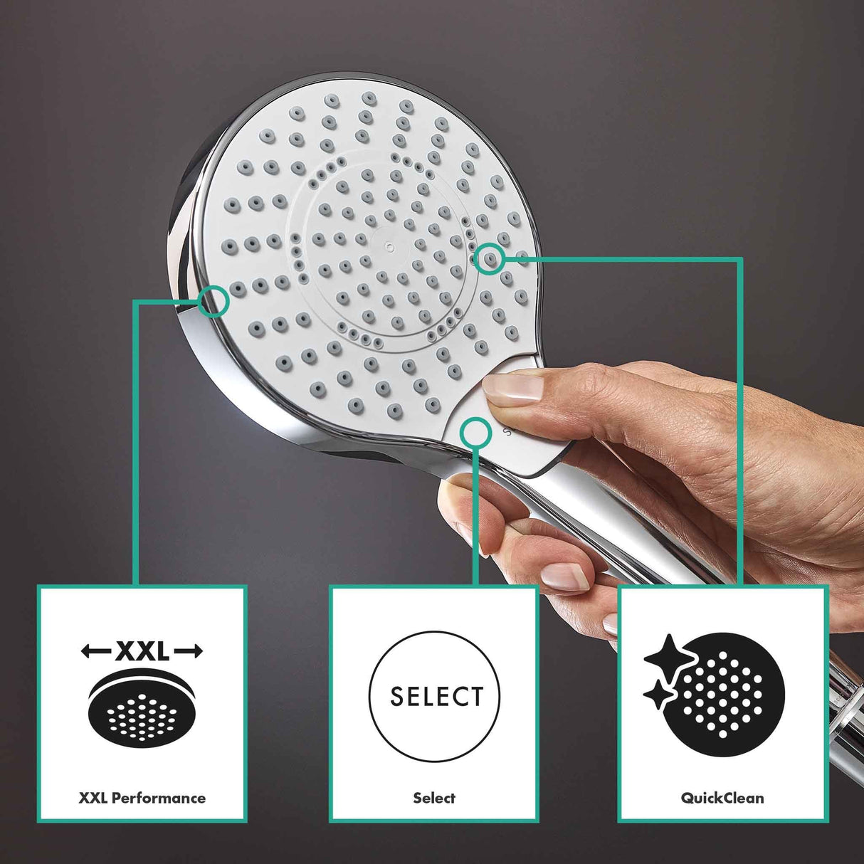 hansgrohe Croma Select S - sistema de ducha con termostato, ducha lluvia (280 mm) con grifo, ducha de mano (3 tipos de chorro), flexo, barra, ducha fija redondo (1 tipo de chorro), cromo, 26790000