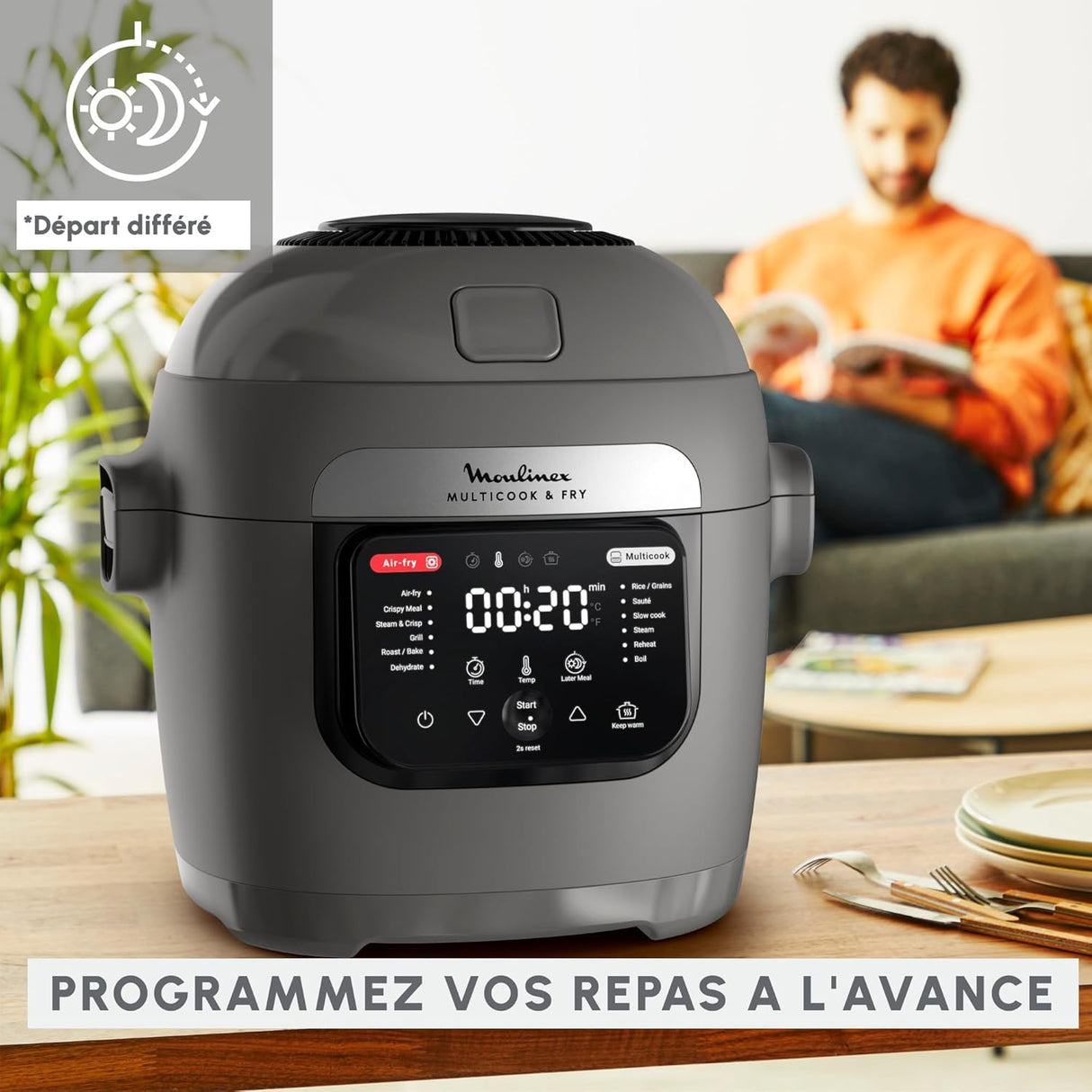 Moulinex Multicook & Fry - Robot de cocina con freidora de aire incorporada, 12 programas, cocción en 2 niveles, función de programación, 6 L de capacidad, gris hipopótamo MZ730BF0