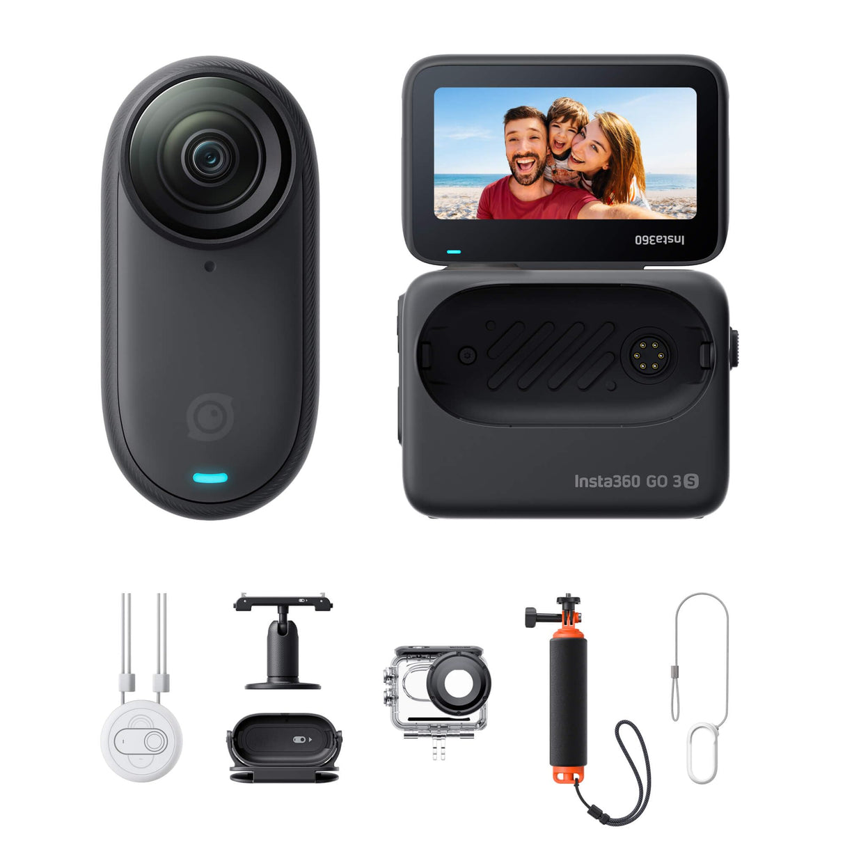 Insta360 GO 3S Kit para Deportes Acuáticos - Cámara Vlogging 4K, POV Manos Libres, Móntala Donde Quieras, Estabilización, 140 Min de batería, Impermeable 10 M, Edición IA, Apple Find My, Vlog, Negro