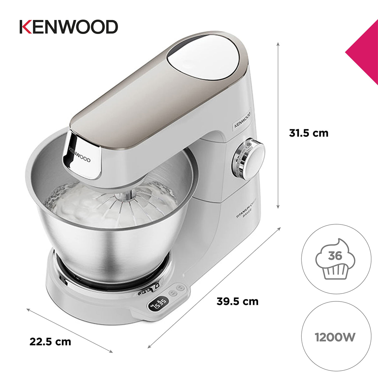 Kenwood Titanium Chef Baker KVC65.001WH - Robot de cocina con báscula integrada (1200 W, incluye 3 utensilios de pastelería, espátula y protector contra salpicaduras), color blanco