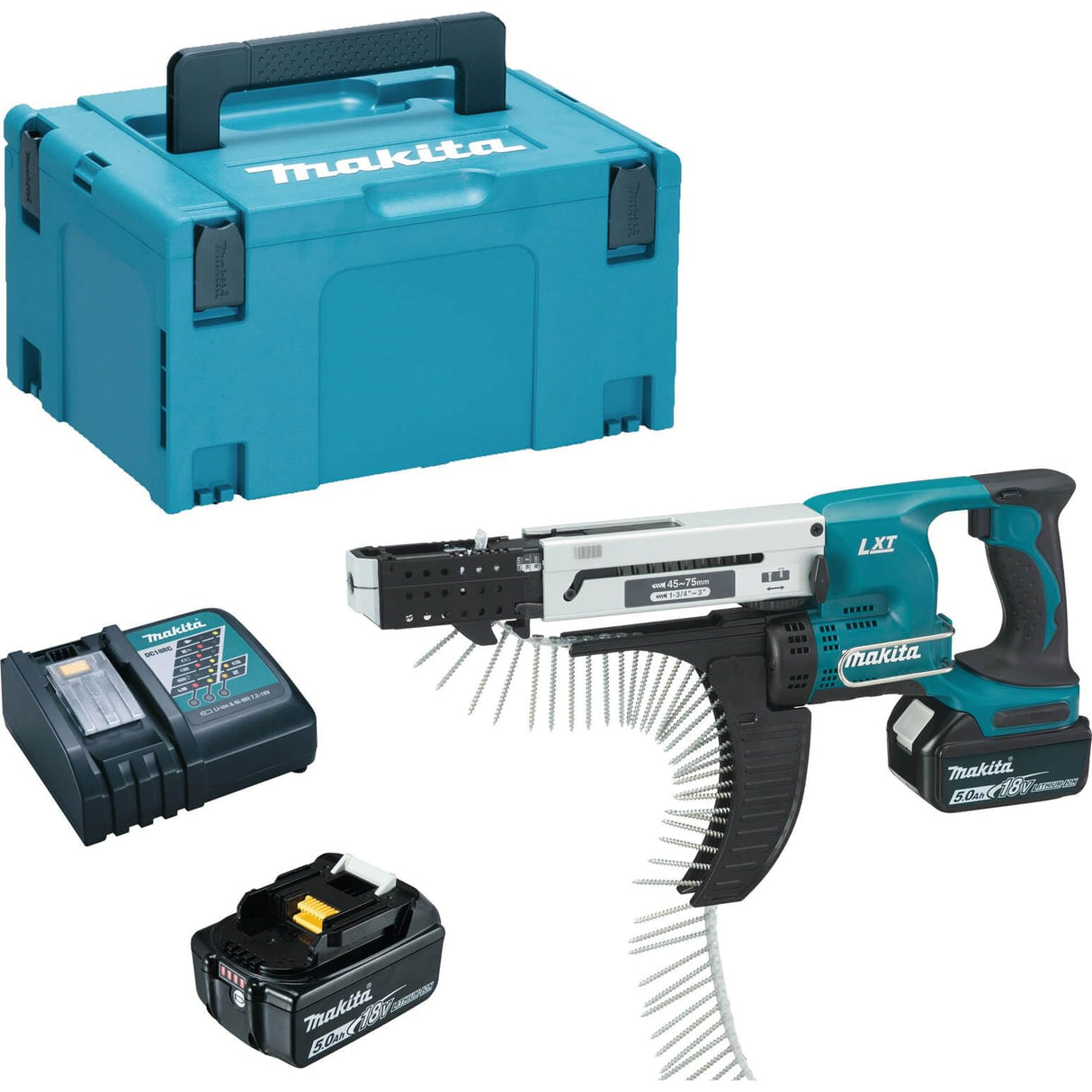Makita Atornillador eléctrico, 45 – 75 mm, 18 V, 2 Cargador en maletín de transporte, dfr7 50rme, DFR750RTE 235 wattsW, 18 voltsV