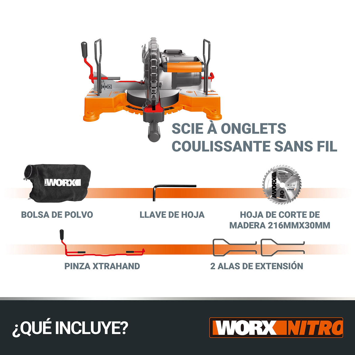 WORX WX845.9 Ingletadora 20V PowerShare - Sin batería| ni cargador Arranque progresivo| sistema de abrazaderas| guía de corte láser| freno eléctrico