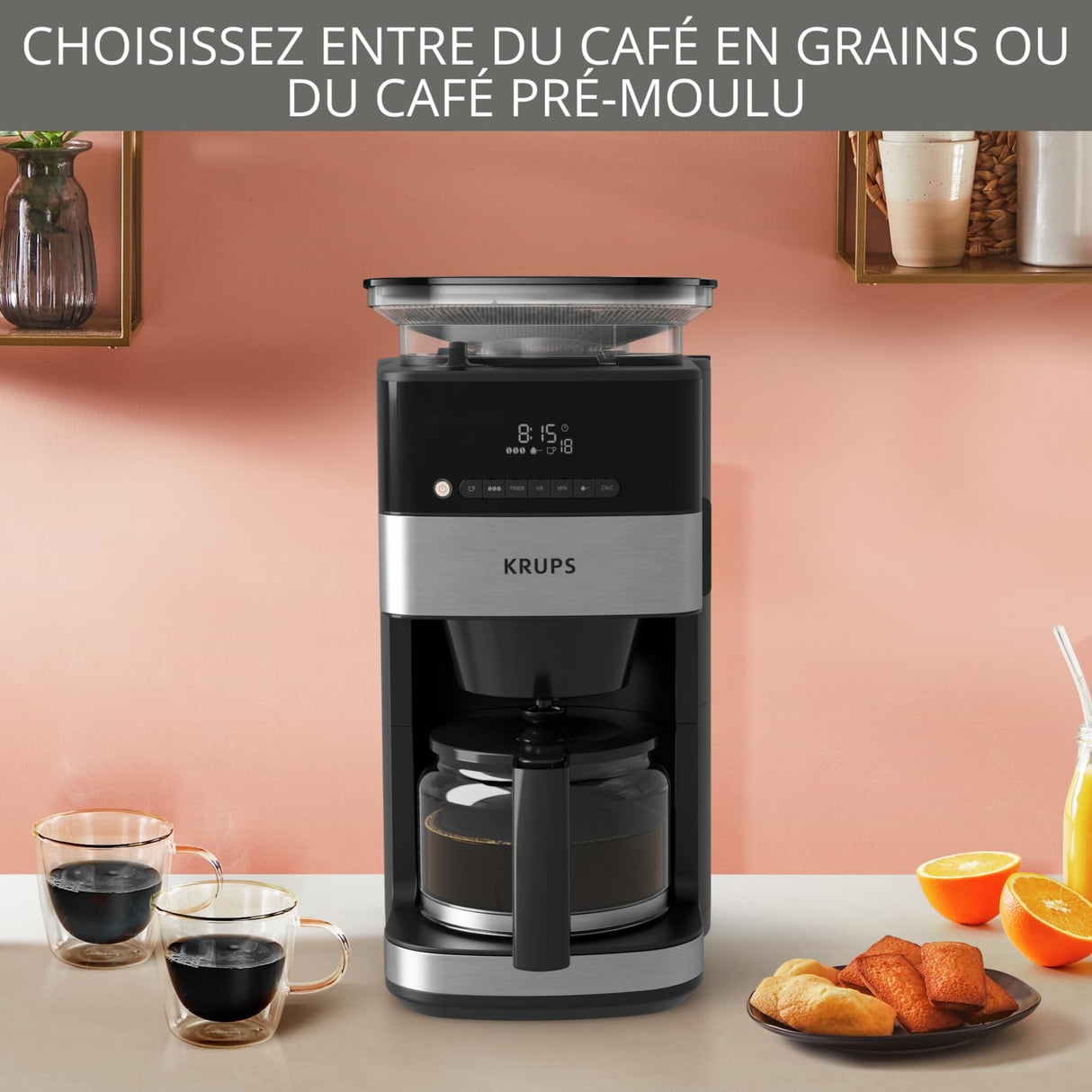Krups Grind and Brew KM8328 cafetera de filtro con molinillo, 1.25 L, 10 - 15 tazas, cafetera automática, molinillo cónico, café en grano, café molido, panel de control digital LED