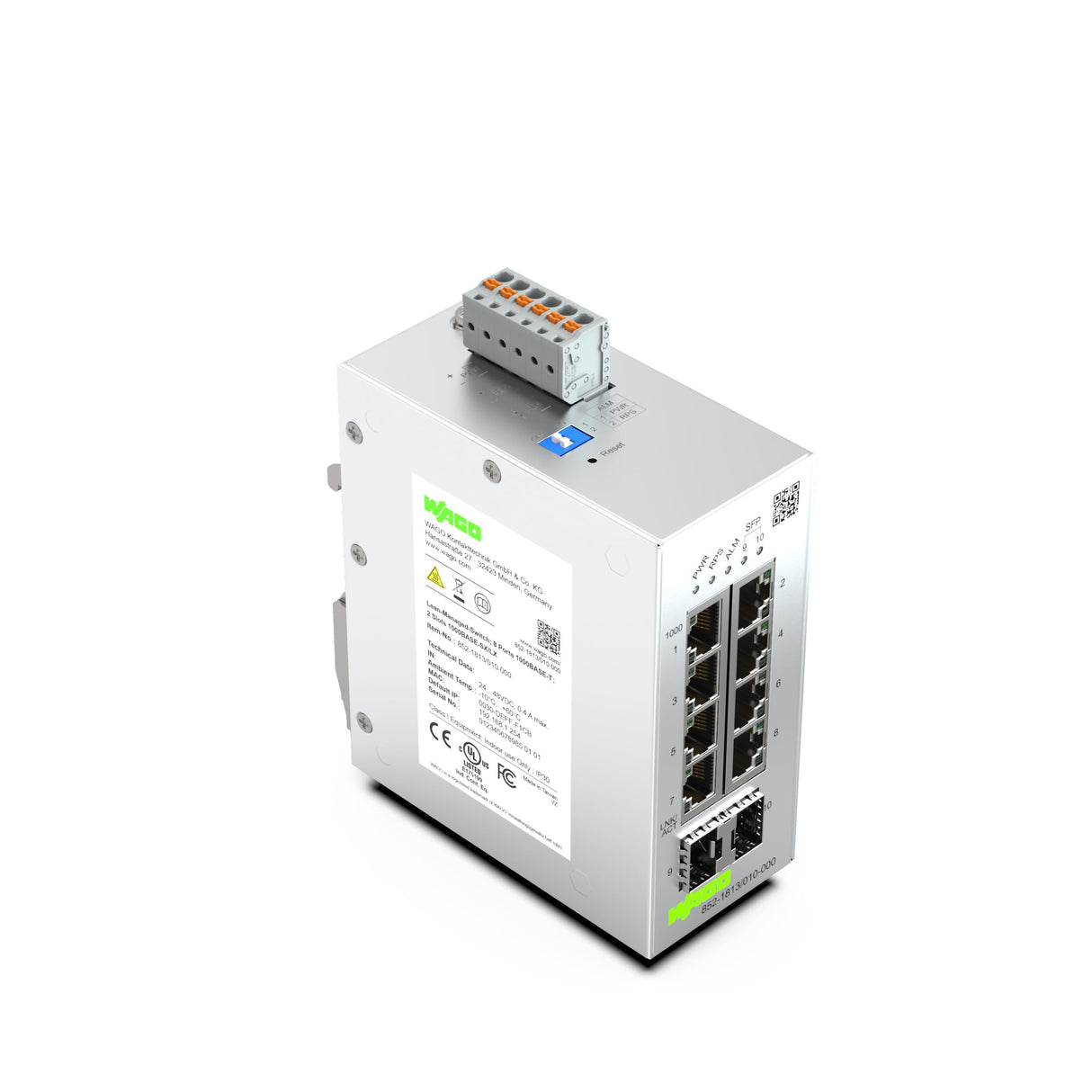 WAGO Interruptor Industrial 852-1813, con 8 Puertos ETHERNET de 10/100/1000 Mbit/s y LED de diagnóstico de Panel Frontal, 2 Ranuras SFP para Fibra óptica, soporta hasta 8000 direcciones Mac absolutas