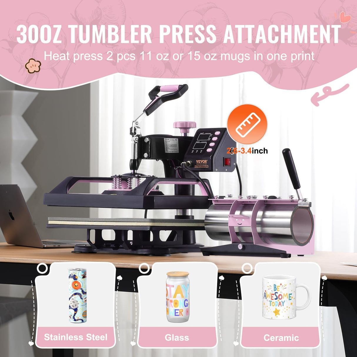 VEVOR 5 en 1 Máquina de Prensado por Calor con Prensa de Vaso de 887 ml, 290 x 380 mm, Prensa Térmico con Giro de 360° y Revestimiento de Teflón para Camiseta, Taza, Sombrero y Plato, Negro y Rosa