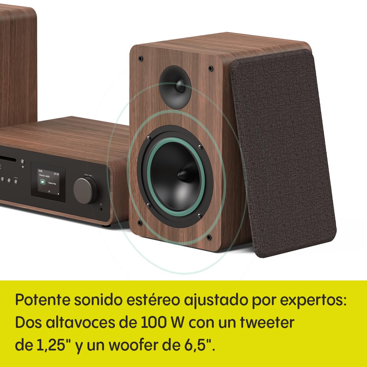 Sistema de música HiFi estéreo clásico - Radio Internet, Dab+/FM, Bluetooth 5.2, Reproductor de CD, USB, Spotify Connect, AUX, Entrada óptica, Sonido Estéreo 100W - Coffee Black/Walnut