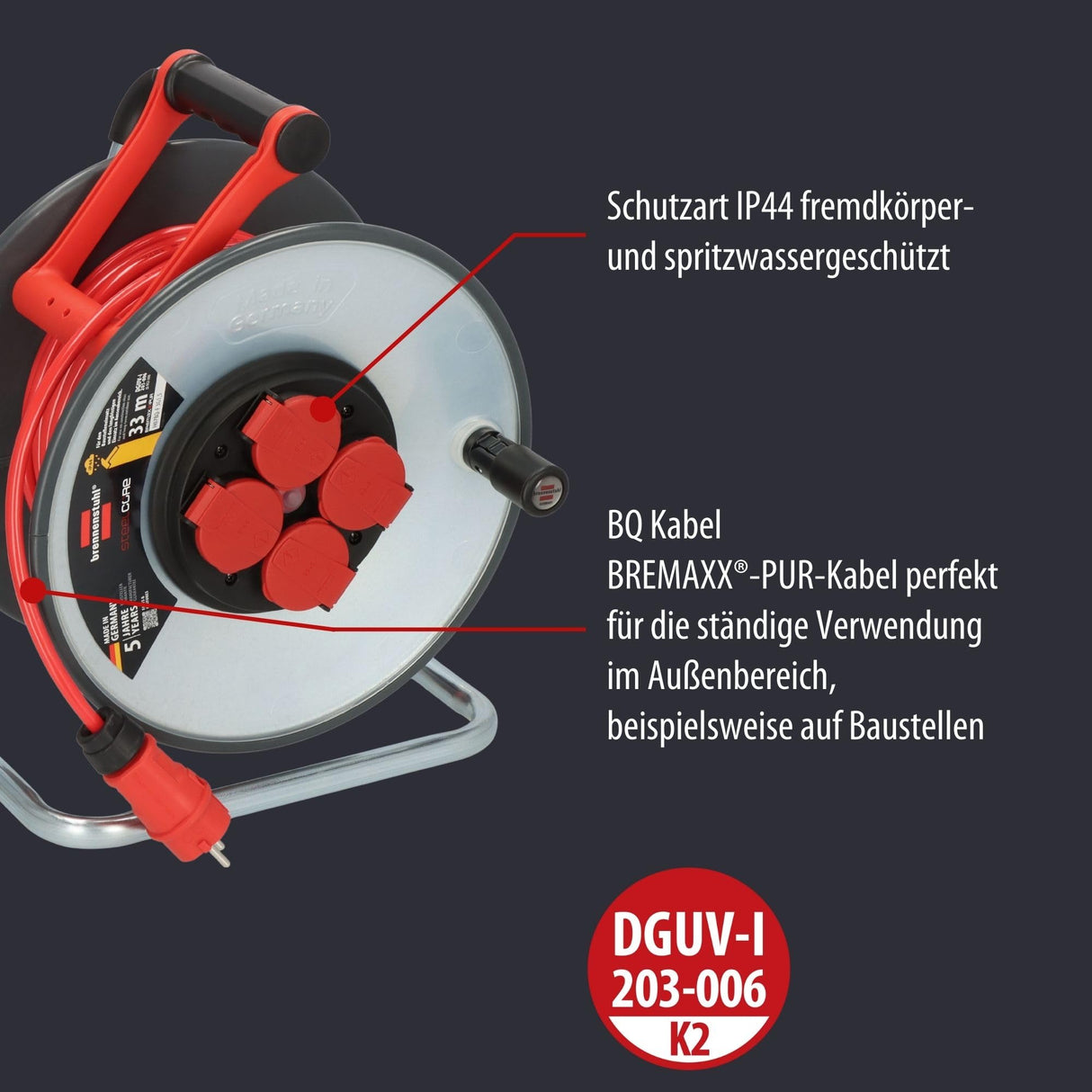 Brennenstuhl Professional SteelCore Carrete SC 3110 IP44 (33m H07BQ-F 3G1,5, Cuerpo de Carrete de Chapa de Acero, Uso en Obras de construcción y Uso en Exteriores permanentes, Fabricado en Alemania)