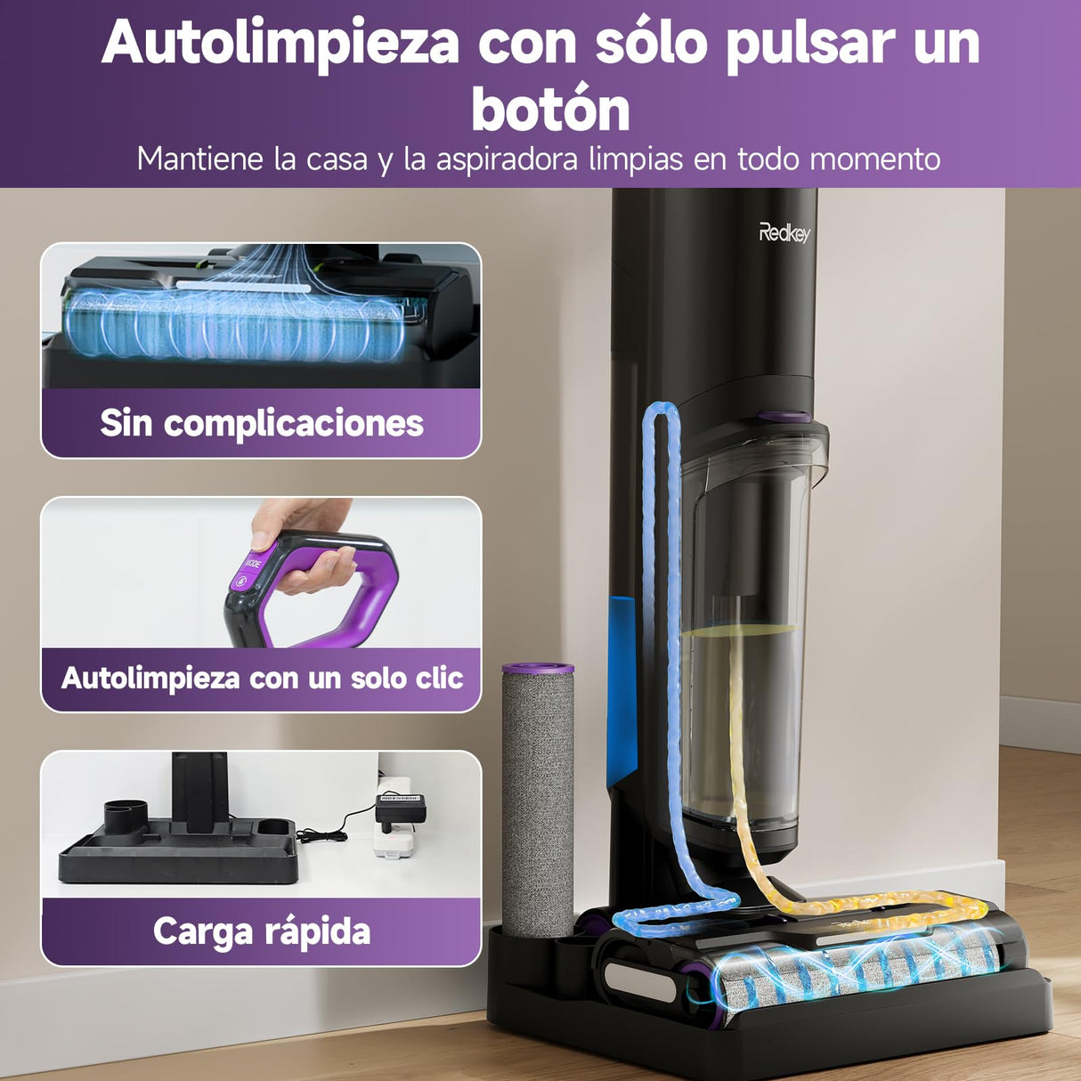 Redkey W15 Aspirador Vertical Fregona Sin Cable Agua, Aspirador Barredor 3 en 1, Potente Absorción de Agua y Polvo, Placa Única de 5mm, 35min Larga Autonomía, Pantalla LED, Limpieza Automática