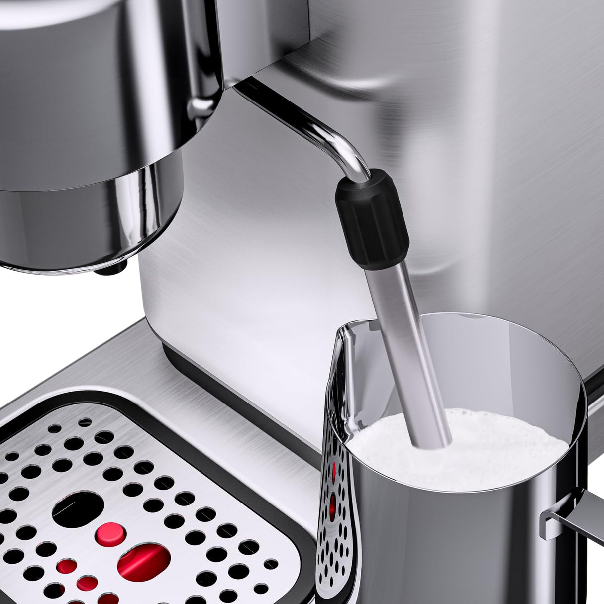 WMF Lono - Cafetera expreso con 2 portafiltros, 1350 W, para 1-2 tazas de espresso, 15 bares, reposavasos, espumador de leche, cuchara prensadora de café, acero inoxidable mate