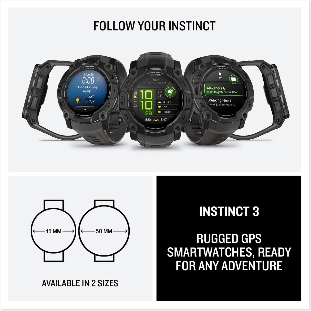 Garmin Instinct 3, Reloj inteligente con GPS, Pantalla AMOLED de 50 mm, Resistente al agua, Aplicaciones deportivas integradas, Monitorización de la salud, Linterna LED, Hasta 24 días autonomía, Negro