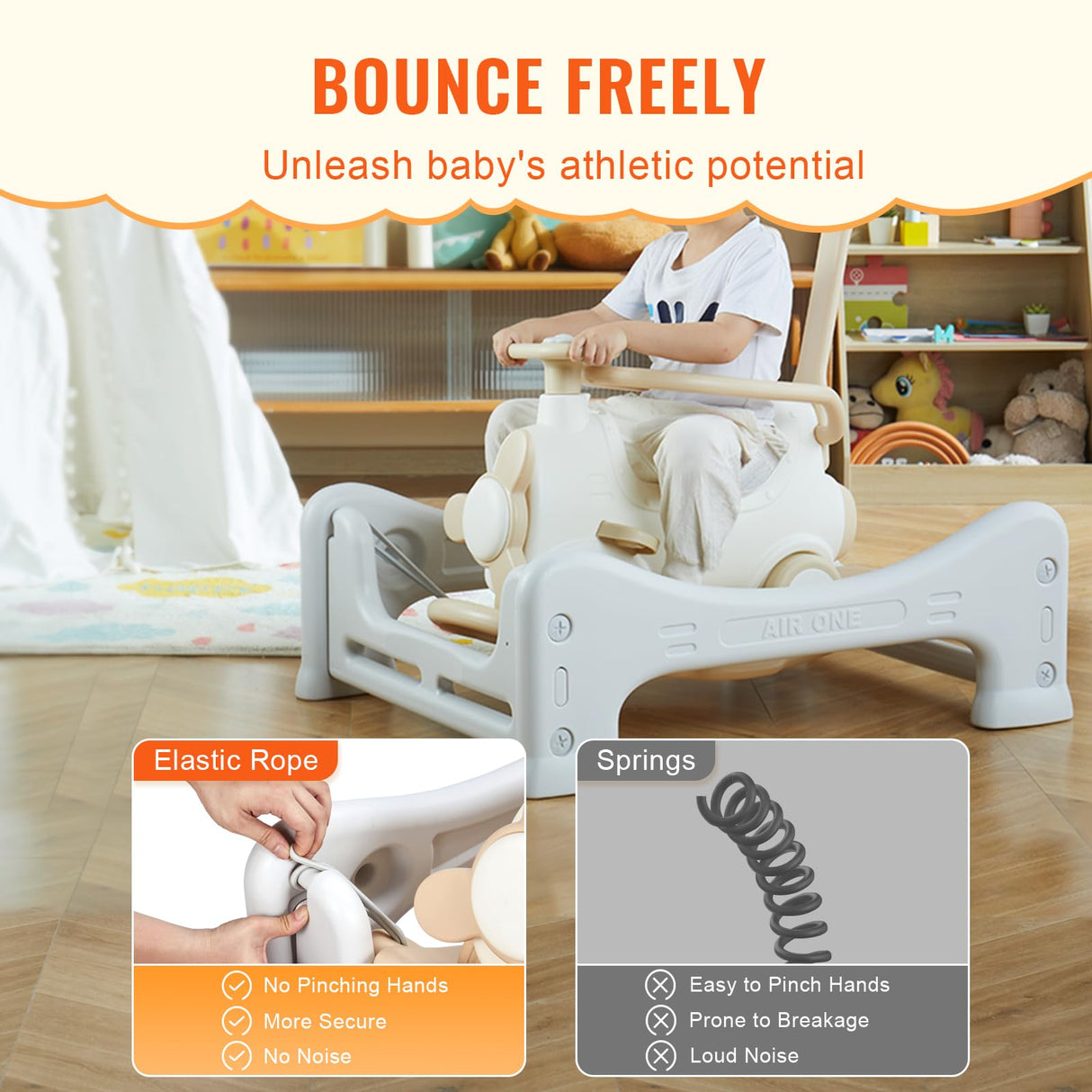 VEVOR Caballo Balancín 5 en 1 para Niños de 1 a 3 Años, Caballo Balancín para Bebé con Trampolín, Tabla de Equilibrio Desmontable, Manija de Empuje y 4 Ruedas Lisas, para Niños de 36 kg, Blanco