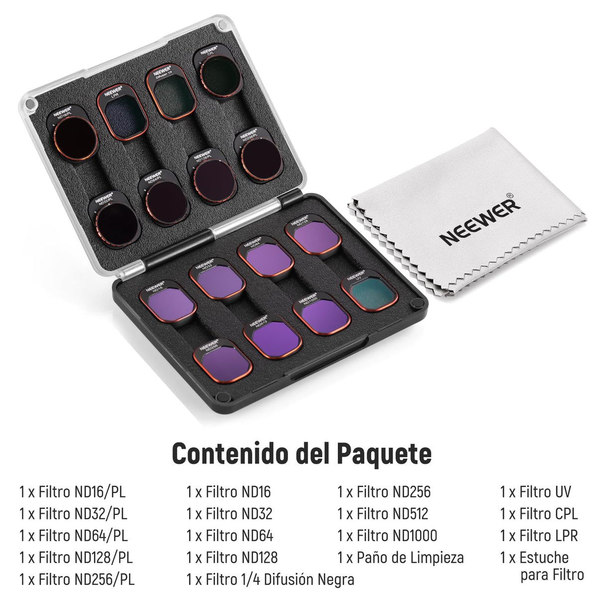 NEEWER ND & CPL & Filtro de Efecto Conjunto Compatible con DJI Mini 4 Pro, 16 Pack HD ND16 ND32 ND64 ND128 ND256 ND512 ND1000 ND16/PL ND32/PL ND64/PL ND128/PL ND256/PL UV CPL LPR, Difusión Negra 1/4