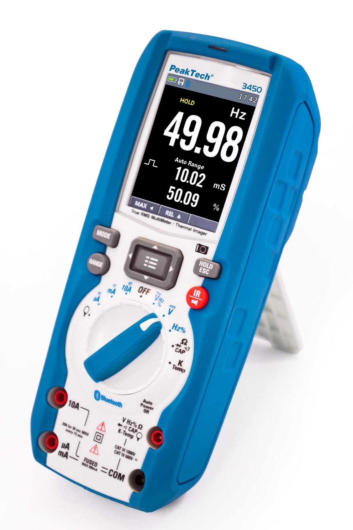 Multímetro digital PeakTech P 3450 True RMS con cámara termográfica, pantalla gráfica Bluetooth y TFT, registrador de datos, probador de continuidad, medidor - CAT III 1000V