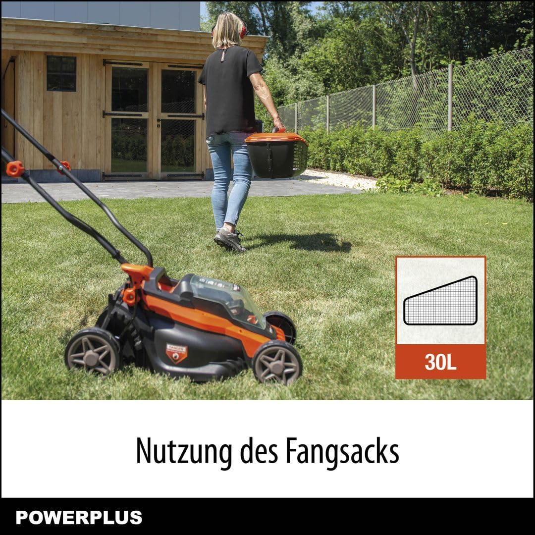 POWDPG75561-20 V - Cortacésped con batería de doble potencia (340 mm de diámetro, sin batería ni cargador, con soporte de césped y descarga trasera)
