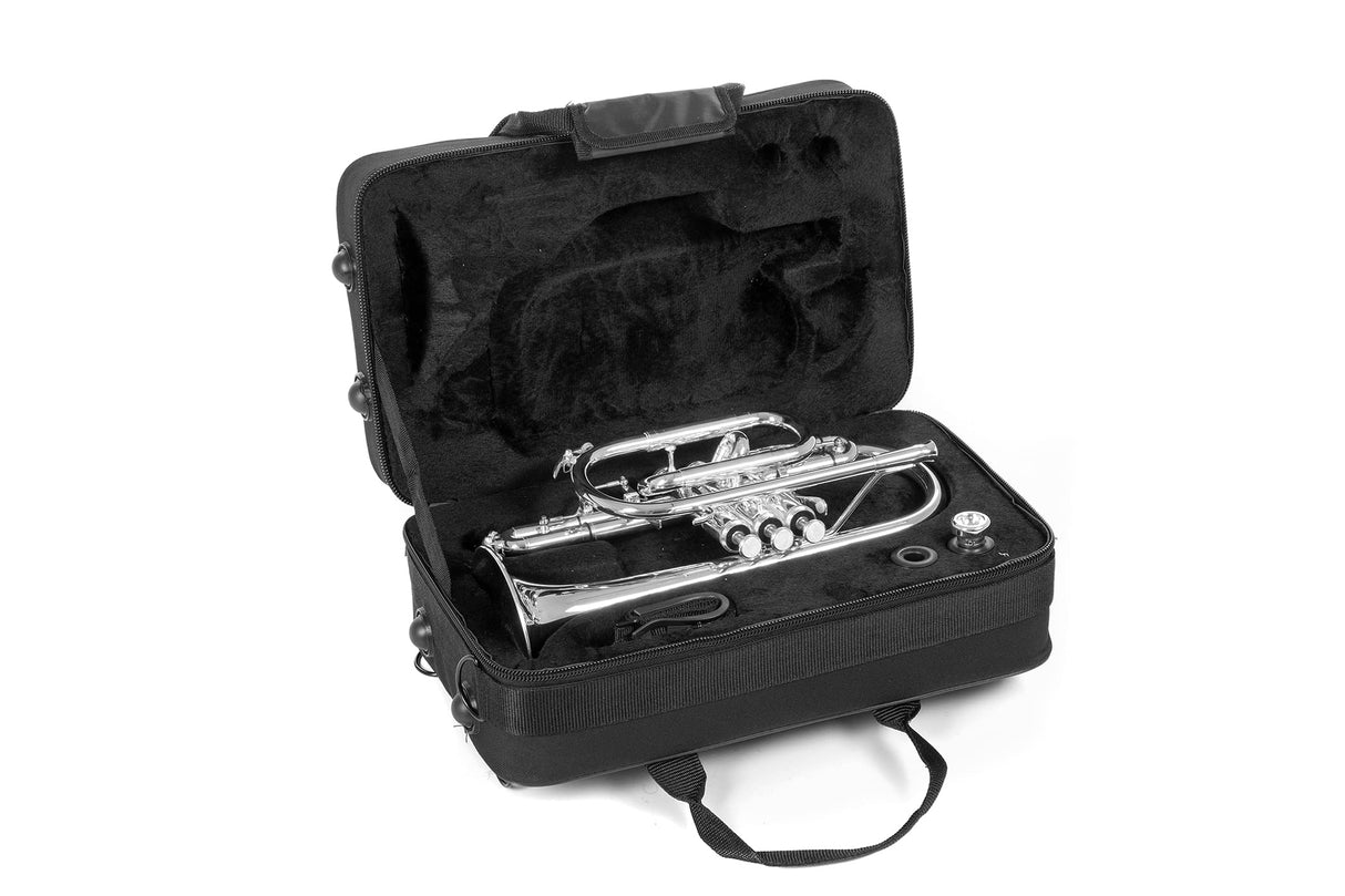 Roy Benson Bb-Cornet CR-302S (corneta profesional con diámetro ML, campana de latón de 119 mm, tudel de latón dorado, correderas exteriores de alpaca y válvulas de acero inoxidable), plateado
