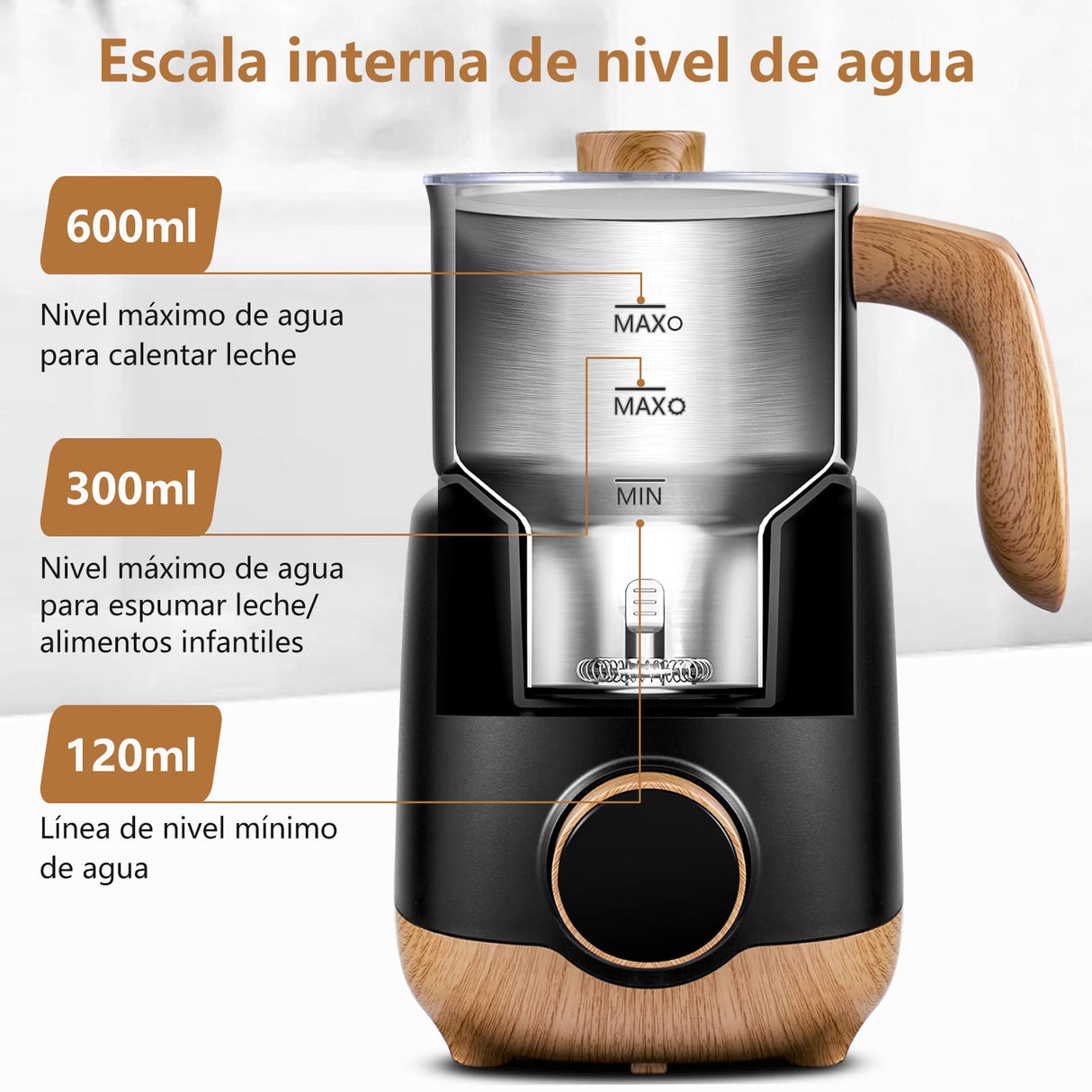 AMZCHEF 8-IN-1 Espumador de Leche Electrico 550 W | 600ml Calentador de Leche para Espumar Leche Caliente y Fría, Leche Caliente, Leche con Chocolate, Comida para Bebé a Base de Leche | Negro