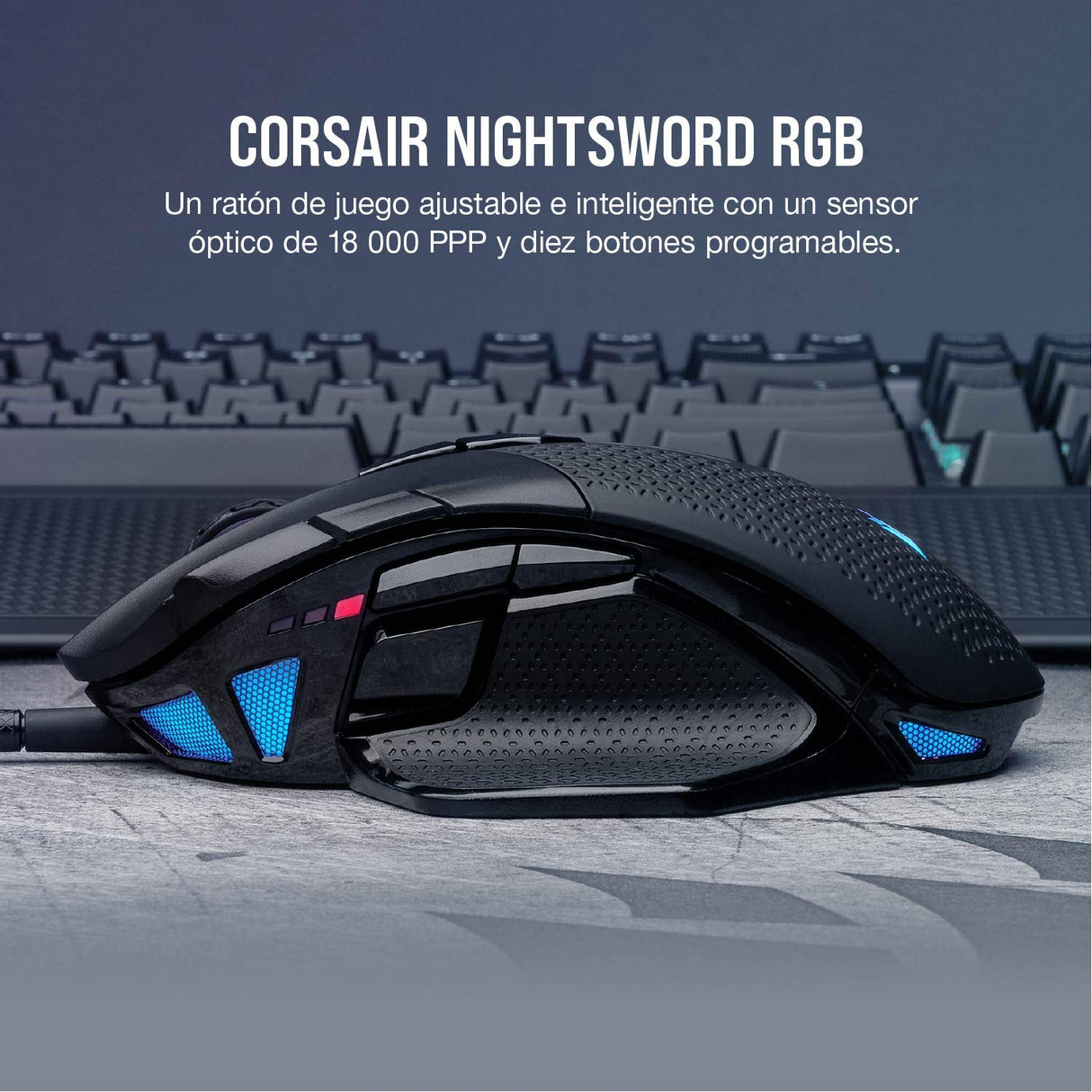 Corsair NIGHTSWORD RGB Ratón de Juego FPS/MOBA con Cable - 18.000 PPP - 10 Botones Programables - Sistema de Pesas - Compatible con iCUE - PC, Mac, PS5, PS4, Xbox - Negro