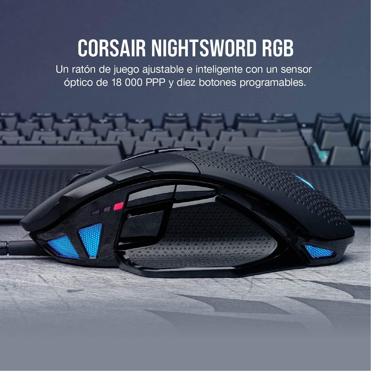 Corsair NIGHTSWORD RGB Ratón de Juego FPS/MOBA con Cable - 18.000 PPP - 10 Botones Programables - Sistema de Pesas - Compatible con iCUE - PC, Mac, PS5, PS4, Xbox - Negro