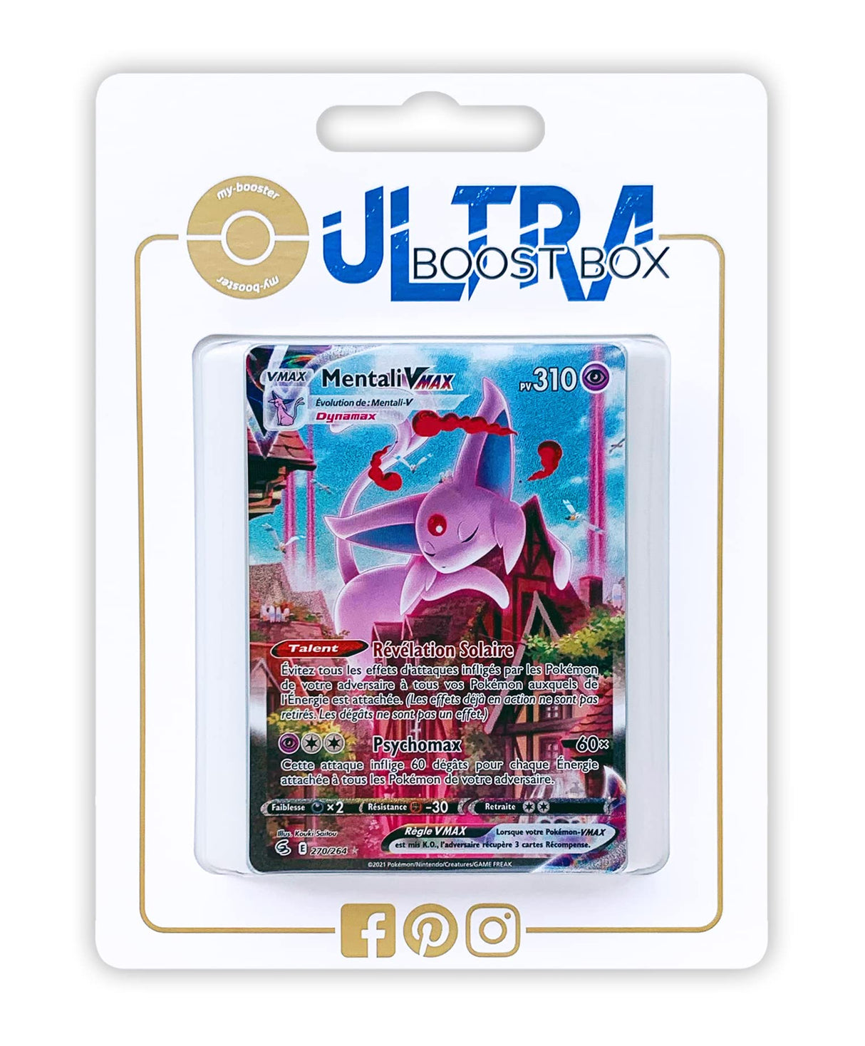 Mentali VMAX (Espeon VMAX) 270/264 Alternativo Pokémon Gallery Secreta - Myboost X Épée et Bouclier 8 - Poing de Fusion Box de 10 cartas Pokémon Francés