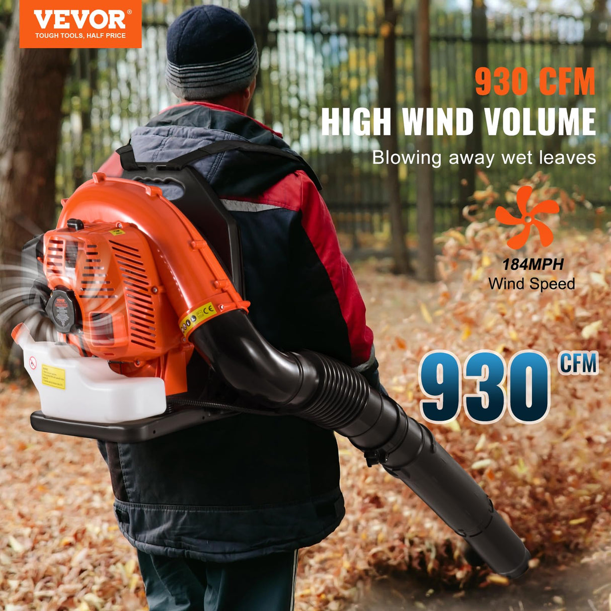 VEVOR Soplador de Hojas de Gas 79 CC Soplador de Nieve de Mochila 2 Tiempos con Tanque de Combustible 3 L Volumen de Aire de 930 CFM para Cuidado del Césped, Limpieza de Hojas, Eliminación de Nieve