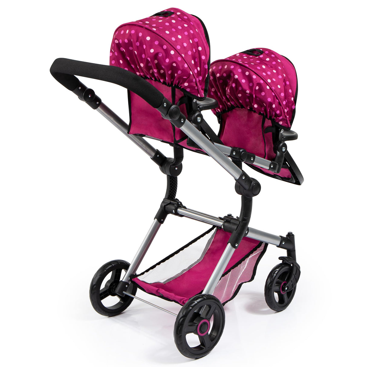 Bayer Design 26267AA Cochecito de Muñeca Gemelas, Carrito Paseo para muñecos, Ajustable en Altura, Plegable, con la Bolsa de Bandolera, Compatible con Silla de Coche EasyGo