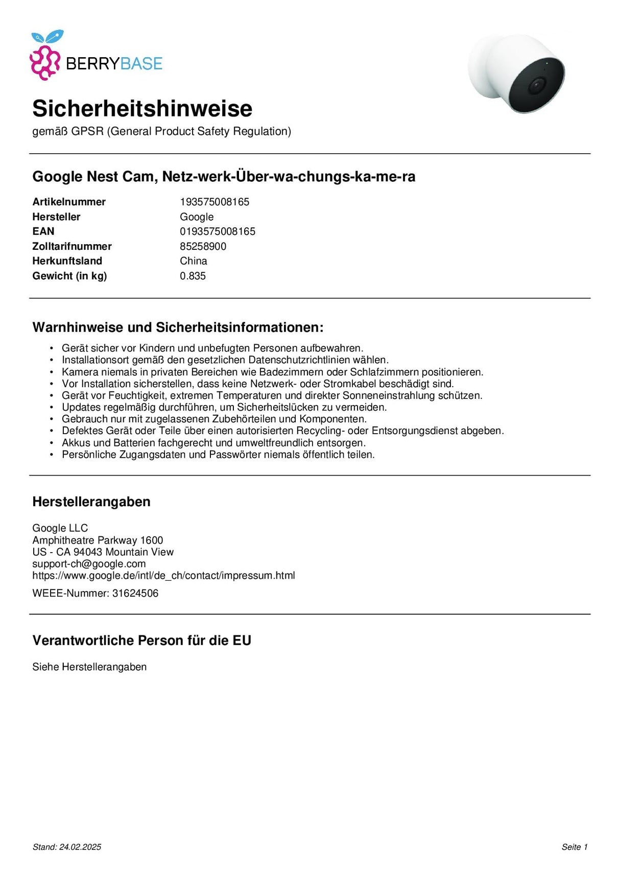 Google Nest CAM Outdoor GA01317-DE GA01317DE (GA01317-DE)