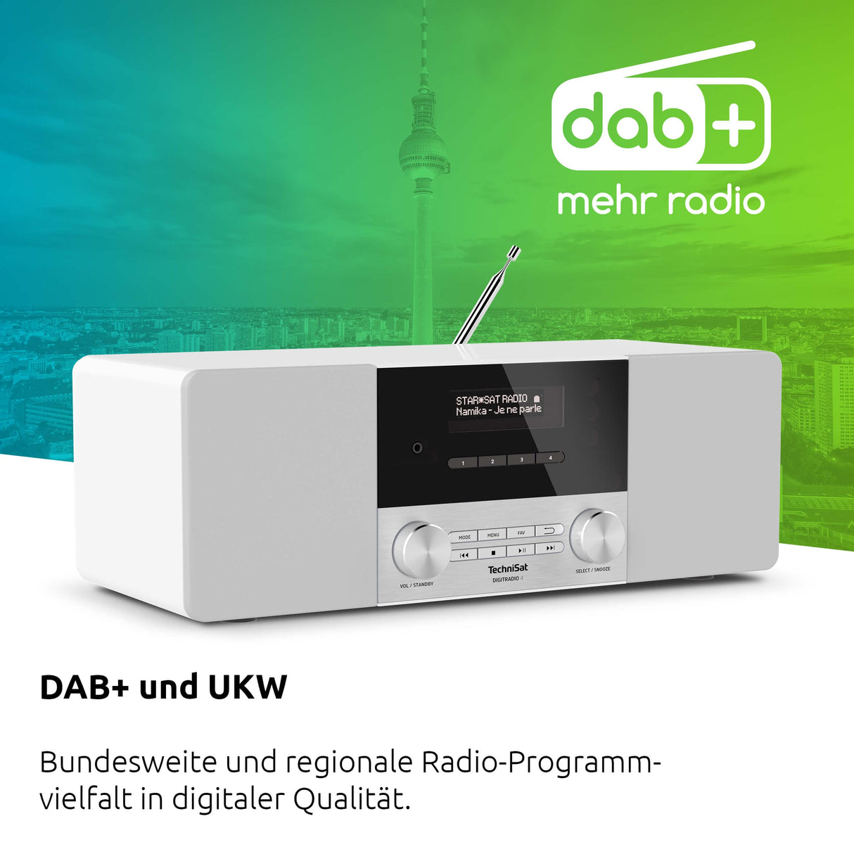 TechniSat DIGITRADIO 4 - Radio Dab estéreo (Dab+, FM, Bluetooth, Entrada para Auriculares, Entrada Auxiliar, Pantalla OLED, 20 W RMS, Altavoz Elac) Blanco