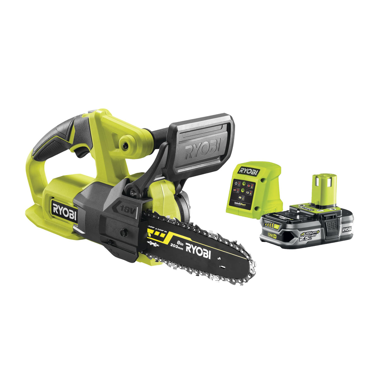 RYOBI - Motosierra Eléctrica Compacta 18V ONE+ 20 cm - Pequeña Herramienta de Poda de Arboles - Tensor de Cadena Lateral - Entregada con 1 Batería 2,5 Ah y 1 Cargador 1,5 A - RY18CS20A-125