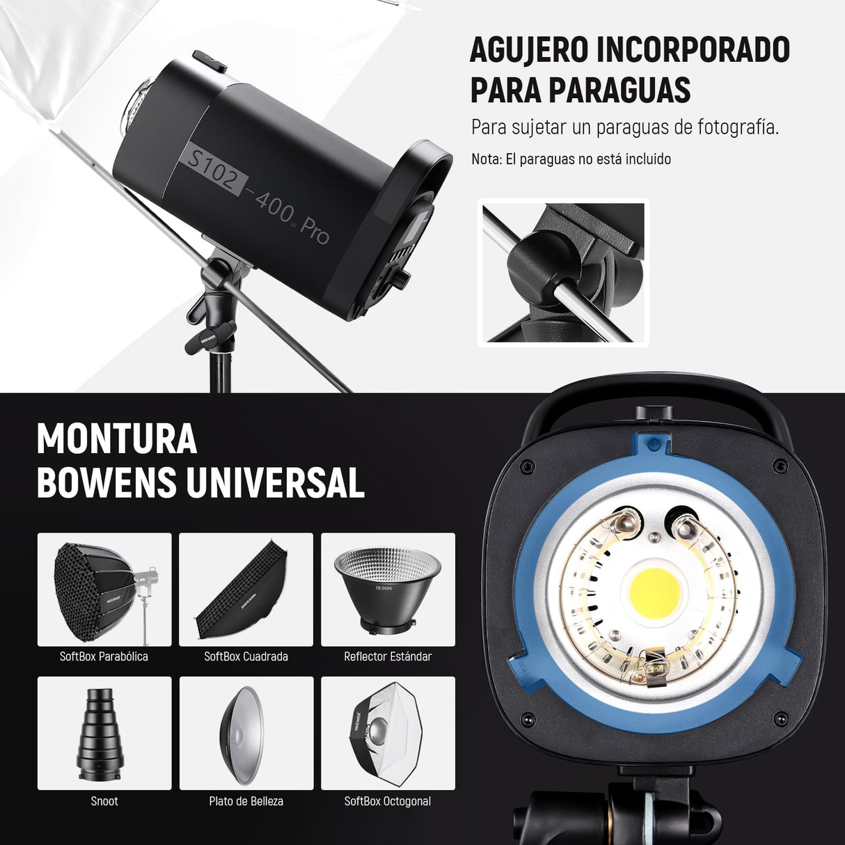 NEEWER S102-400W Pro Fash Luz Strobe con Disparador 2,4G, 400Ws GN62 5600K con 30W Lámpara de Modelar LED Reflector Montaje Bowens Modo S1/S2 Ventilador para Fotografía Productos,Compatible con QPRO