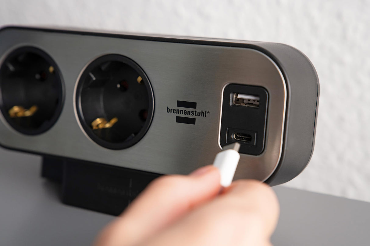 Brennenstuhl Regleta de sobremesa dúplex con Interruptor y protección contra sobretensiones (Regleta Enchufes con USB C Power Delivery, 1x USB C y 1x USB A, 9X enchufes, 2m) Plata/Negro