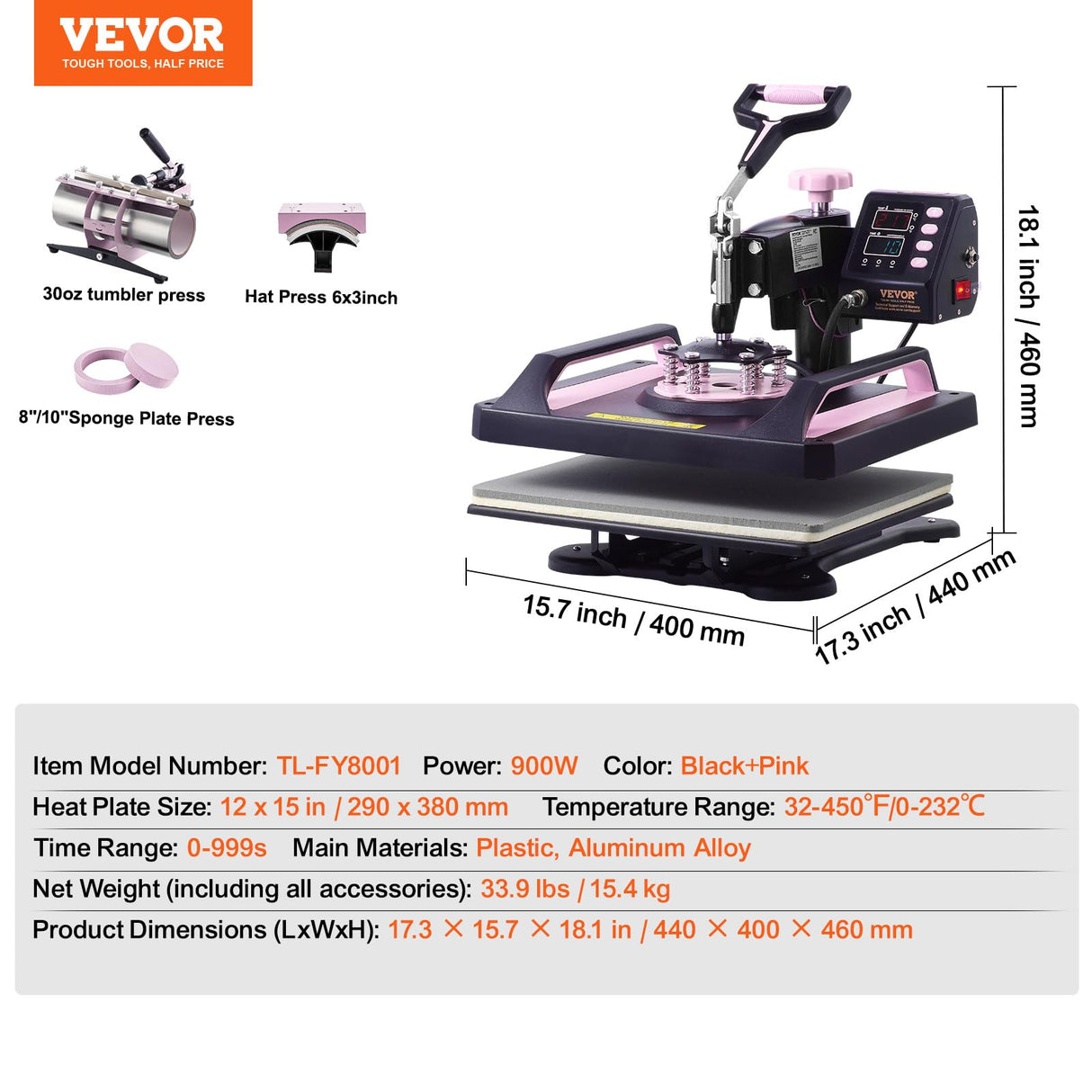 VEVOR 5 en 1 Máquina de Prensado por Calor con Prensa de Vaso de 887 ml, 290 x 380 mm, Prensa Térmico con Giro de 360° y Revestimiento de Teflón para Camiseta, Taza, Sombrero y Plato, Negro y Rosa