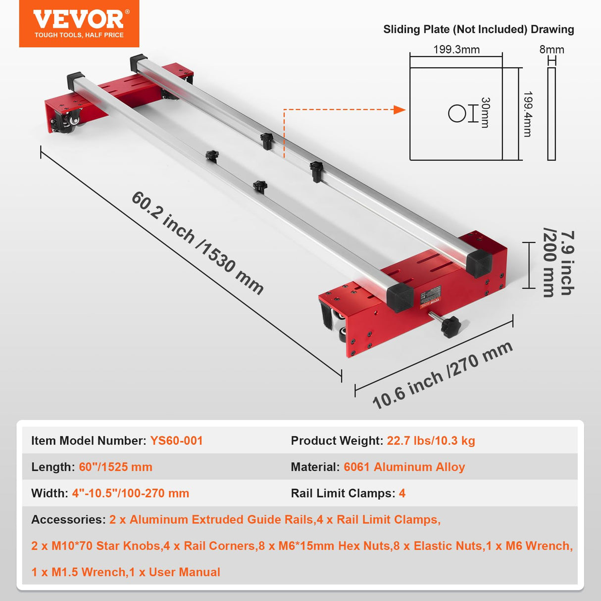 VEVOR Trineo de Enrutador 1525 mm Plantilla de Aplanamiento de Losas Portátil Fácil de Ajustar Trineo de Enrutador Carpintería de Bricolaje Máquina Cepilladora de Recorte para Aplanar Losas Madera