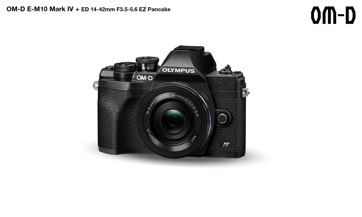 Kit de cámara del Sistema Micro Four Thirds Olympus OM-D E-M10 Mark IV, Sensor de 20 Mpx, Visor electrónico, vídeo 4K, Wi-Fi, Negro, Incluye el M.Zuiko Digital ED 14-42mm F3.5-5.6 EZ Pancake Negro