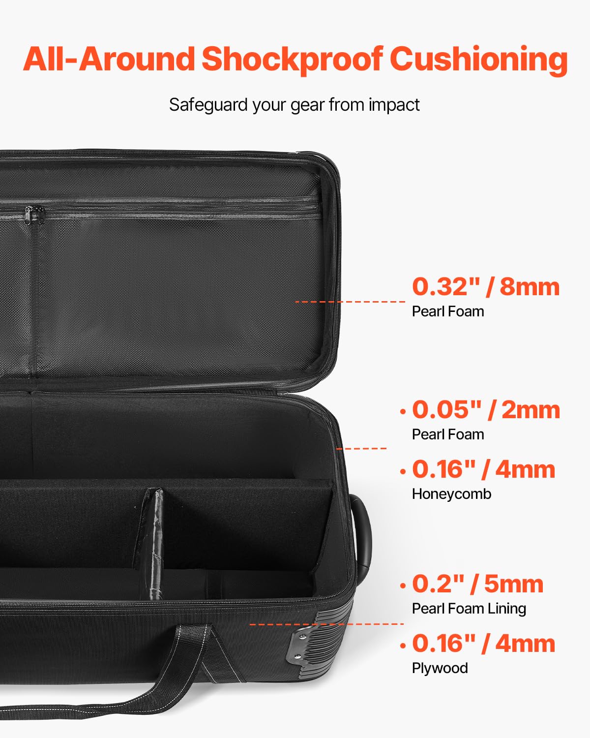 VEVOR Estuche con Ruedas para Equipo de Estudio 118 x 37 x 30 cm, Bolsa con Ruedas para Cámara, Correas, Asa Acolchada en el Compartimento para Soportes de Iluminación, Trípodes y Telescopios, Negro